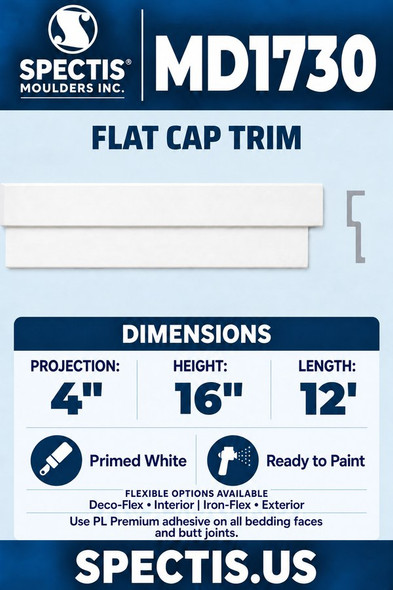 MD1730 Flat Cap Trim — Polyurethane — 4″ P × 16″ H × 12′ L — aligned section and side profile.