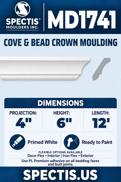 MD1741 Cove & Bead Crown Moulding — Polyurethane — 4″ P × 6″ H × 12′ L — aligned section and side profile.