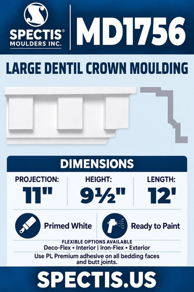 MD1756 Large Dentil Crown Moulding — Polyurethane — 11″ P × 9½″ H × 12′ L — aligned section and side profile.