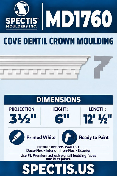 MD1760 Cove Dentil Crown Moulding — Polyurethane — 3½″ P × 6″ H × 12′½″ L — aligned section and side profile.