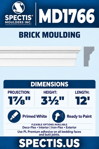 MD1766 Brick Moulding — Polyurethane — 1⅞″ P × 3½″ H × 12′ L — clean moulding and matching side profile