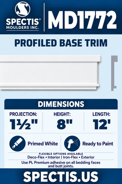 MD1772 Profiled Base Trim — Polyurethane — 1½″ P × 8″ H × 12′ L — clean moulding and matching side profile