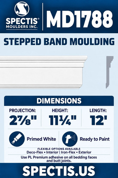 MD1788 Stepped Band Moulding — Polyurethane — 2⅞″ P × 11¼″ H × 12′ L — aligned section and side profile.