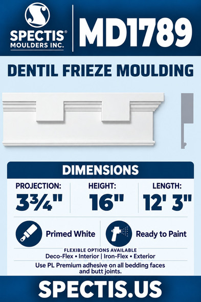 MD1789 Dentil Frieze Moulding — Polyurethane — 3¾″ P × 16″ H × 12′3″ L — clean moulding and matching side profile