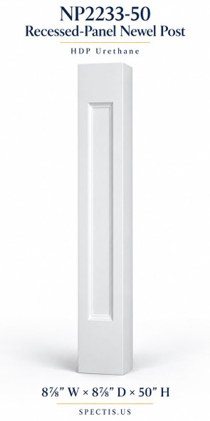 NP2233-50 Recessed-Panel HDP Urethane Newel Post – 8⅞″ × 50″