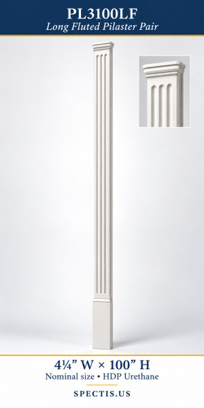 PL3100LF Long Fluted Pilaster Pair – 4¼″ W × 100″ H – HDP Urethane