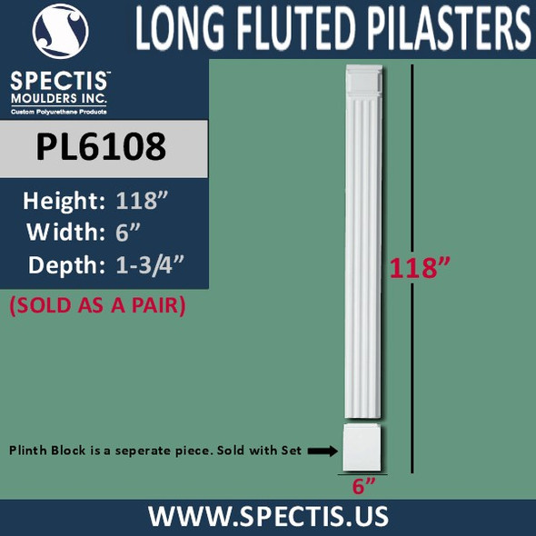 PL6108 Long Fluted Pilasters from Spectis Urethane 6" x 118"