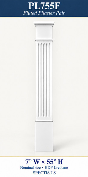 PL755F Fluted Pilaster Pair – 7″ W × 55″ H – HDP Urethane