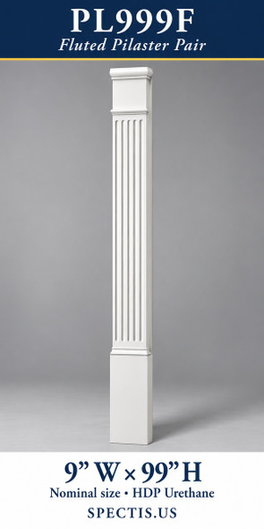 PL999F Fluted Pilaster Pair – 9″ W × 99″ H – HDP Urethane