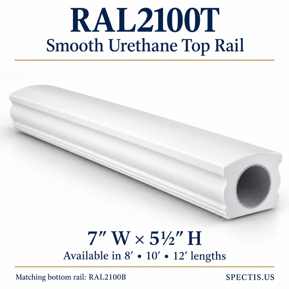 Spectis RAL2100T smooth urethane top rail, 7 inches wide by 5 1/2 inches high, available in 8, 10 and 12 foot lengths