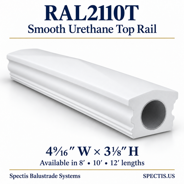 RAL2110T Spectis Smooth urethane top rail, 4⁹⁄₁₆ inches wide by 3⅛ inches high