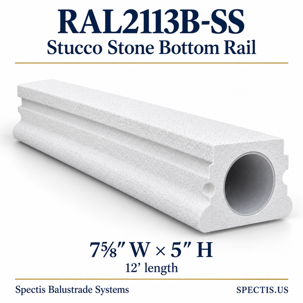 RAL2113B-SS Spectis Stucco Stone urethane bottom rail, 7⅝ inches wide by 5 inches high