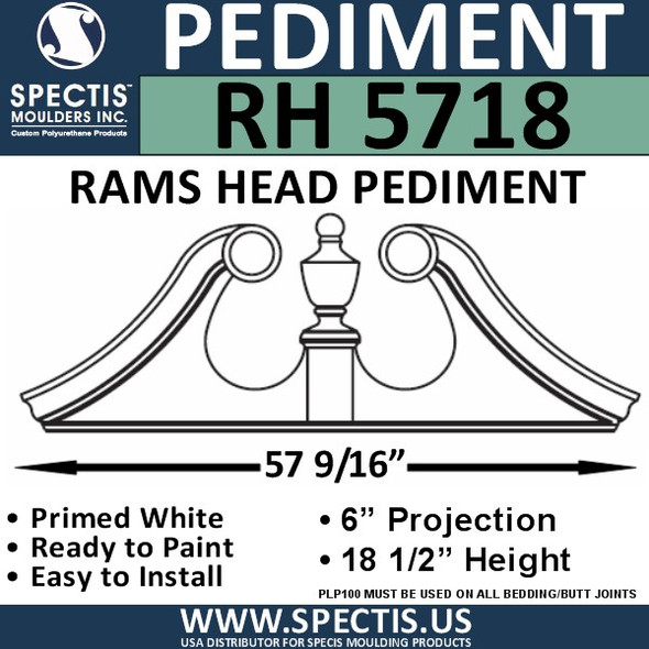 RH5718 Rams Head Window/Door Pediment 57 9/16" x 18 1/2"