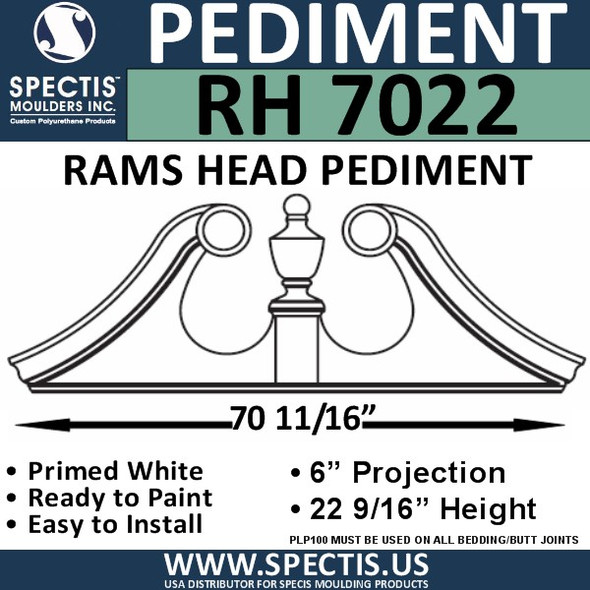RH7022 Rams Head Window/Door Pediment 70 11/16" x 22 9/16"