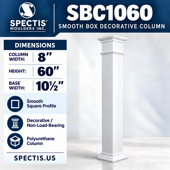 SBC1060 Smooth Decorative Box Column – 8″ square shaft × 60″ height