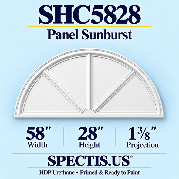 SHC5828 Sunburst — 58 inch width x 28 inch height x 1 3/8 inch projection — primed HDP urethane