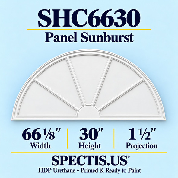 SHC6630 Sunburst — 66 1/8 inch width x 30 inch height x 1 1/2 inch projection — primed HDP urethane