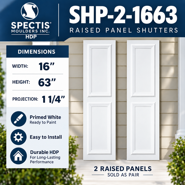 SHP-2 1663 Polyurethane Shutters - 2 Raised Panels 16 x 63