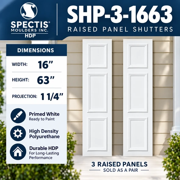 SHP-3 1663 3 Raised Panel Polyurethane Shutters - 16 x 63 (Pair)