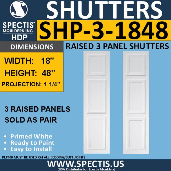 SHP-3 1848 Polyurethane Exterior Shutters - 3 Raised Panels 18 x 48