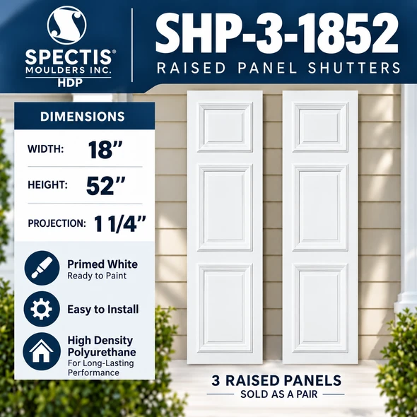SHP-3 1852 3 Raised Panel Polyurethane Shutters - 18 x 52 (Pair)