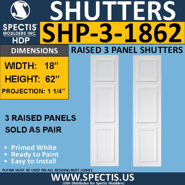 SHP-3 1862 Polyurethane Exterior Shutters - 3 Raised Panels 18 x 62