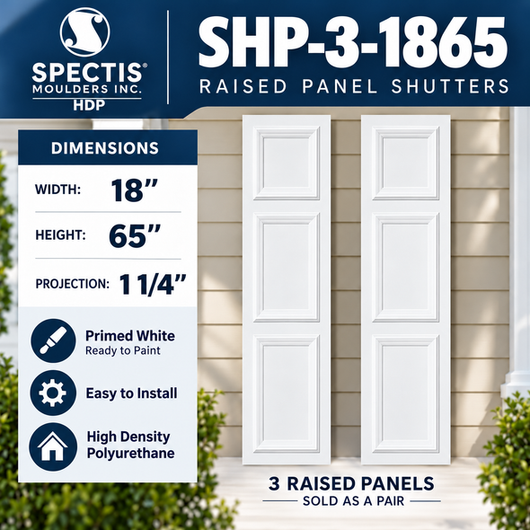 SHP-3 1865 3 Raised Panel Polyurethane Shutters - 18 x 65 (Pair)