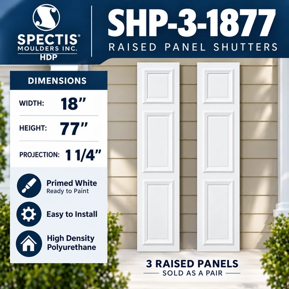 SHP-3 1877 3 Raised Panel Polyurethane Shutters - 18 x 77 (Pair)