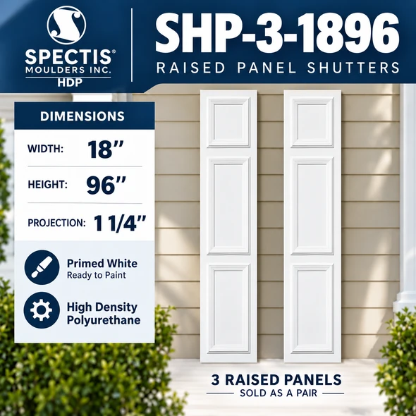 SHP-3 1896 3 Raised Panel Polyurethane Shutters - 18 x 96 (Pair)