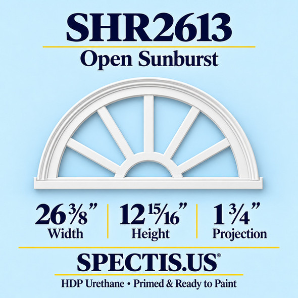 SHR2613 Sunburst — 26 3/8 inch width x 12 15/16 inch height x 1 3/4 inch projection — primed HDP urethane