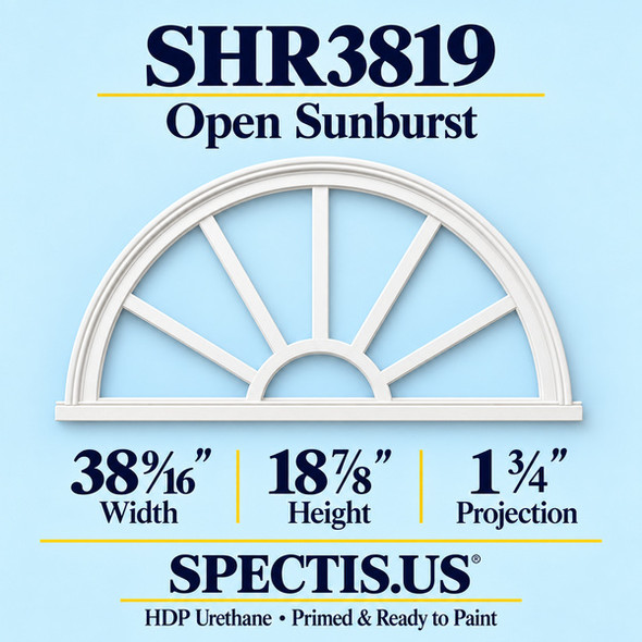 SHR3819 Sunburst — 38 9/16 inch width x 18 7/8 inch height x 1 3/4 inch projection — primed HDP urethane