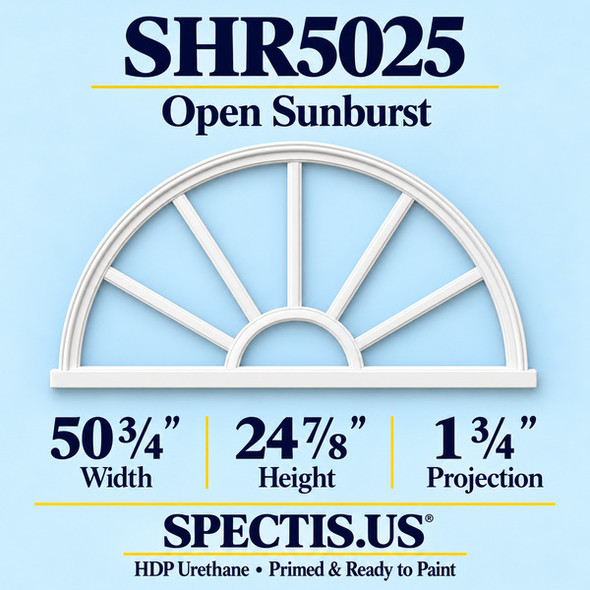 SHR5025 Sunburst — 50 3/4 inch width x 24 7/8 inch height x 1 3/4 inch projection — primed HDP urethane