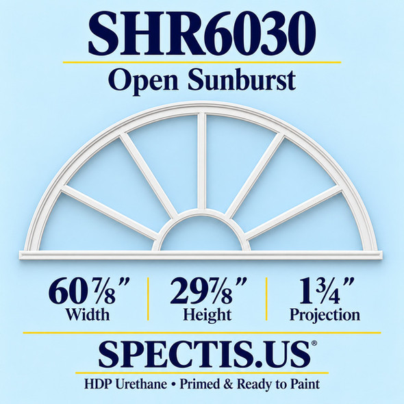 SHR6030 Sunburst — 60 7/8 inch width x 29 7/8 inch height x 1 3/4 inch projection — primed HDP urethane