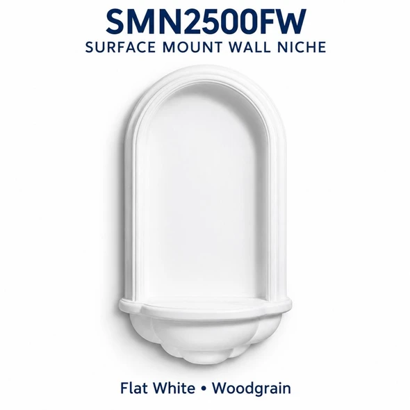 SMN2500FW surface mount wall niche, Flat White, Woodgrain; product illustration