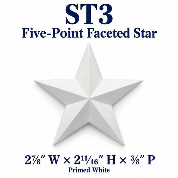 ST3 Five-Point Faceted Star; 2⅞″ W × 2¹¹⁄₁₆″ H × ⅜″ P; Primed White