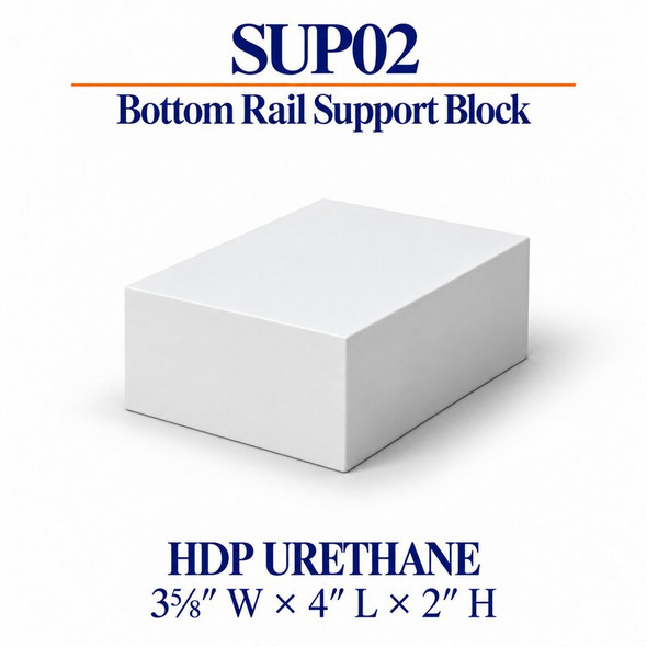 SUP02 HDP urethane bottom rail support block, 3⅝ inches wide x 4 inches long x 2 inches high