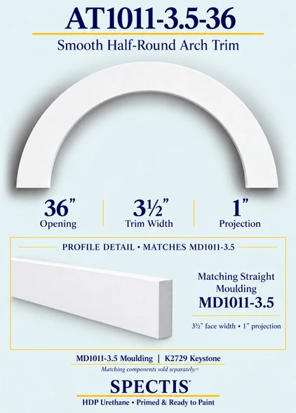 AT1011-3.5-36 Smooth Half-Round HDP Urethane Arch Trim - 36" Opening; matching MD1011-3.5 moulding profile shown below the arch