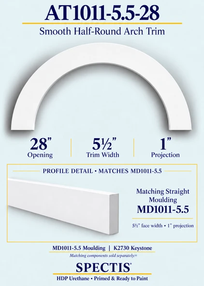 AT1011-5.5-28 Smooth Half-Round HDP Urethane Arch Trim - 28" Opening; matching MD1011-5.5 moulding profile shown below the arch