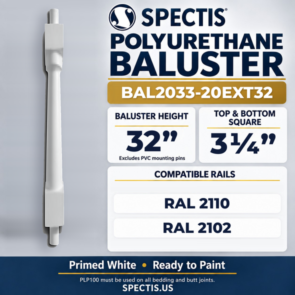 BAL2033-20EXT32 Spectis Polyurethane Baluster — 32″ H × 3 1/4″ Square; compatible rails: RAL 2110, RAL 2102