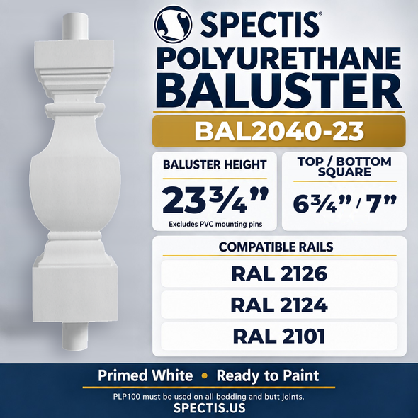 BAL2040-23 Spectis Polyurethane Baluster — 23 3/4″ H, 6 3/4″ / 7″ Square Ends; compatible rails: RAL 2126, RAL 2124, RAL 2101