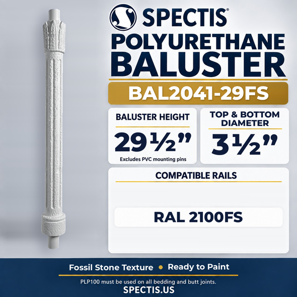 BAL2041-29FS Spectis Polyurethane Baluster — 29 1/2″ H × 3 1/2″ Round — Fossil Stone texture; compatible rails: RAL 2100FS