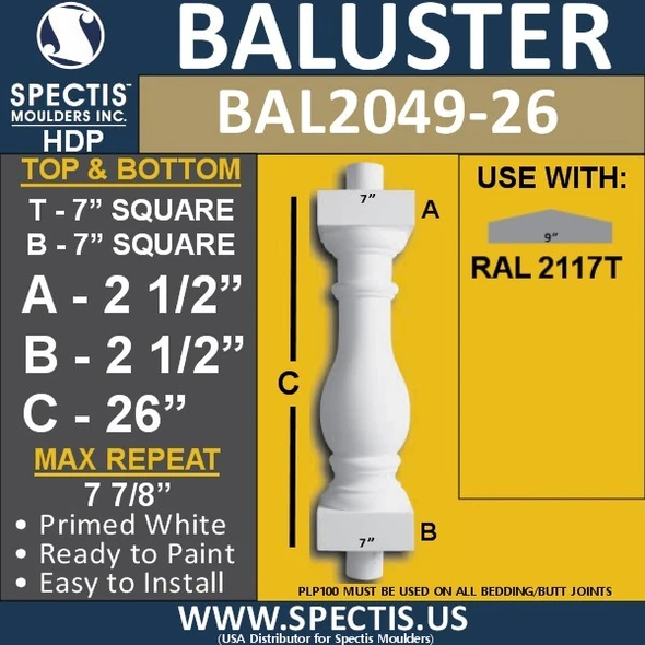 BAL2049-26 Large Urethane Baluster or Spindle 7" x 26"