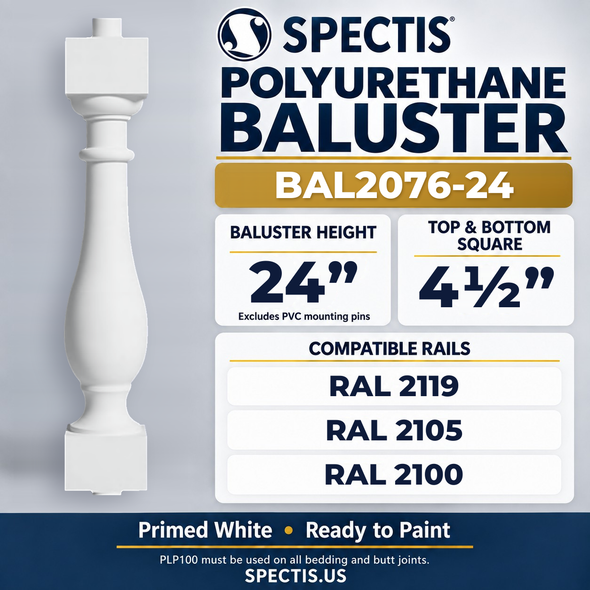 BAL2076-24 Spectis Polyurethane Baluster — 24″ H × 4 1/2″ Square; compatible rails: RAL 2119, RAL 2105, RAL 2100