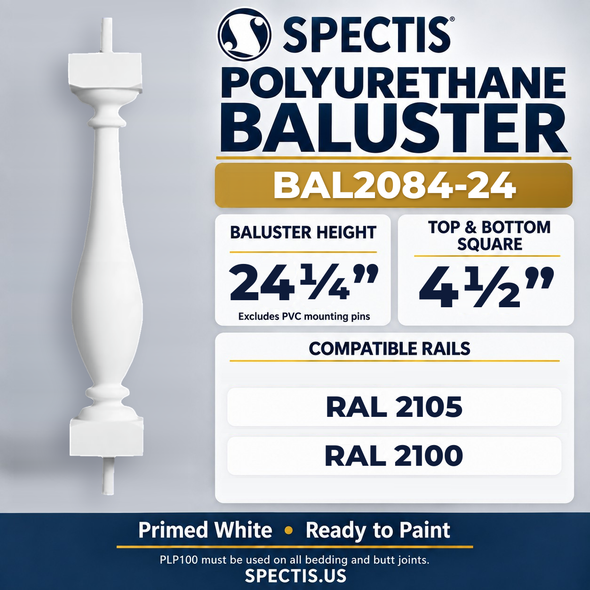 BAL2084-24 Spectis Polyurethane Baluster — 24 1/4″ H × 4 1/2″ Square; compatible rails: RAL 2105, RAL 2100