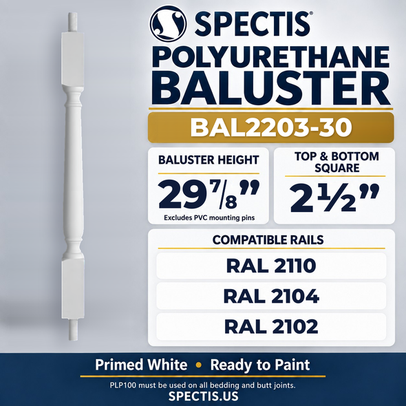 BAL2203-30 Spectis Polyurethane Baluster — 29 7/8″ H × 2 1/2″ Square; compatible rails: RAL 2110, RAL 2104, RAL 2102
