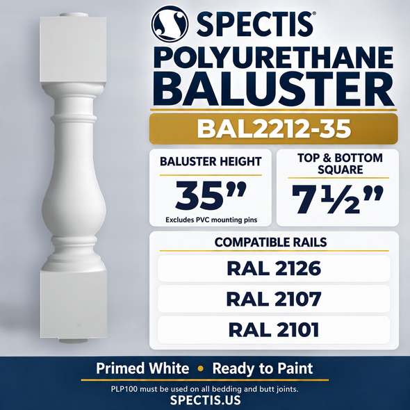 BAL2212-35 Spectis Polyurethane Baluster — 35″ H × 7 1/2″ Square; compatible rails: RAL 2126, RAL 2107, RAL 2101