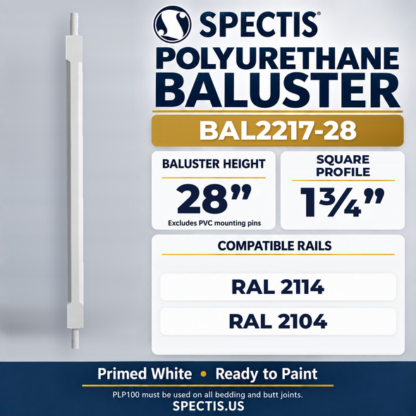 BAL2217-28 Spectis Polyurethane Baluster — 28″ H × 1 3/4″ Square; compatible rails: RAL 2114, RAL 2104
