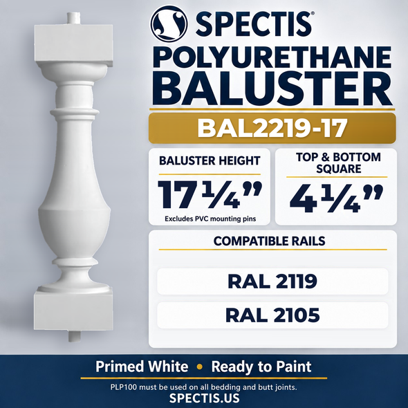 BAL2219-17 Spectis Polyurethane Baluster — 17 1/4″ H × 4 1/4″ Square; compatible rails: RAL 2119, RAL 2105