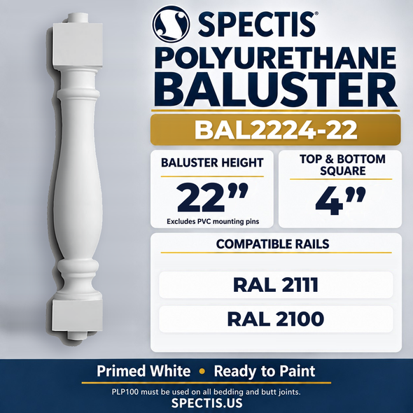 BAL2224-22 Spectis Polyurethane Baluster — 22″ H × 4″ Square; compatible rails: RAL 2111, RAL 2100