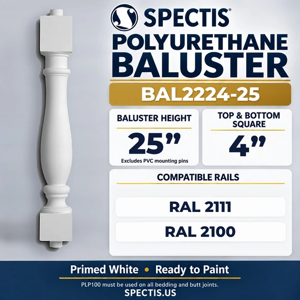 BAL2224-25 Spectis Polyurethane Baluster — 25″ H × 4″ Square; compatible rails: RAL 2111, RAL 2100
